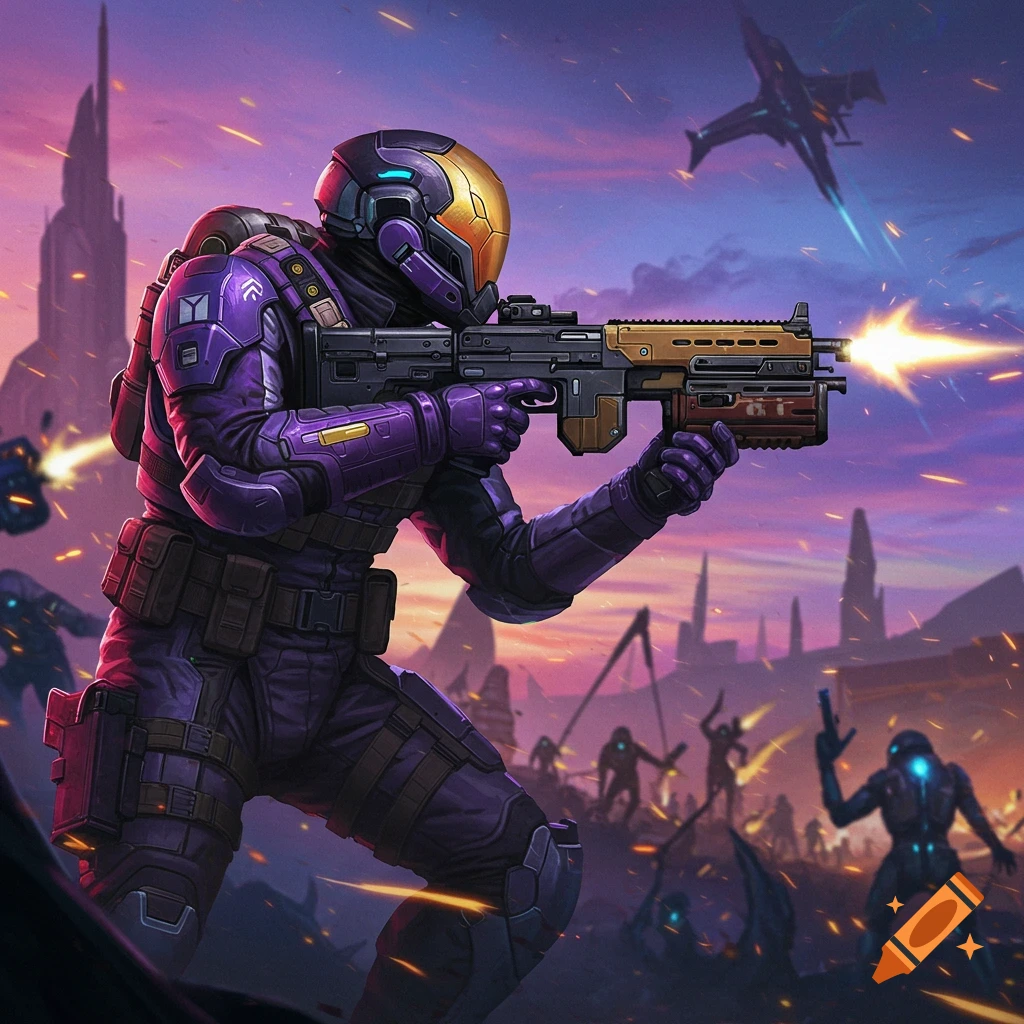 A futuristic soldier in purple armor firing a rifle during a battle.
