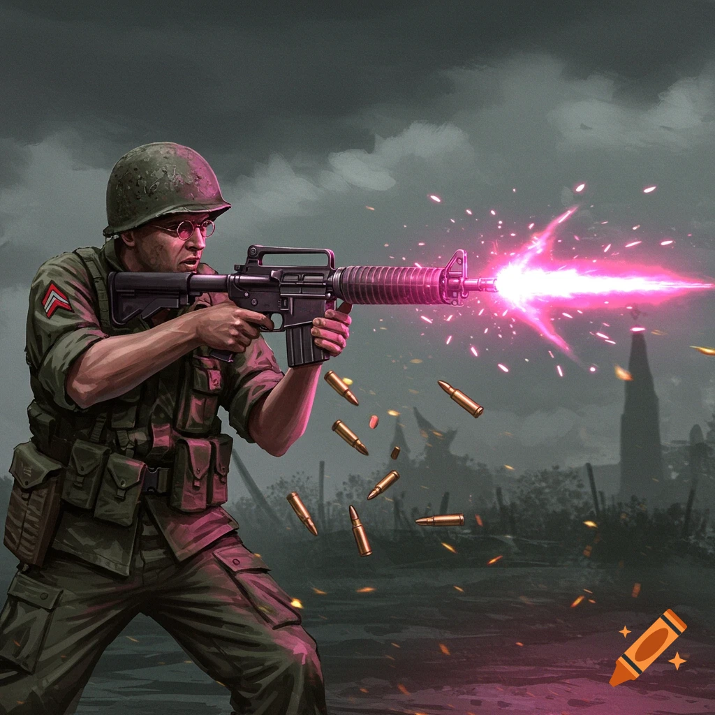 A soldier fires a magical glowing rifle