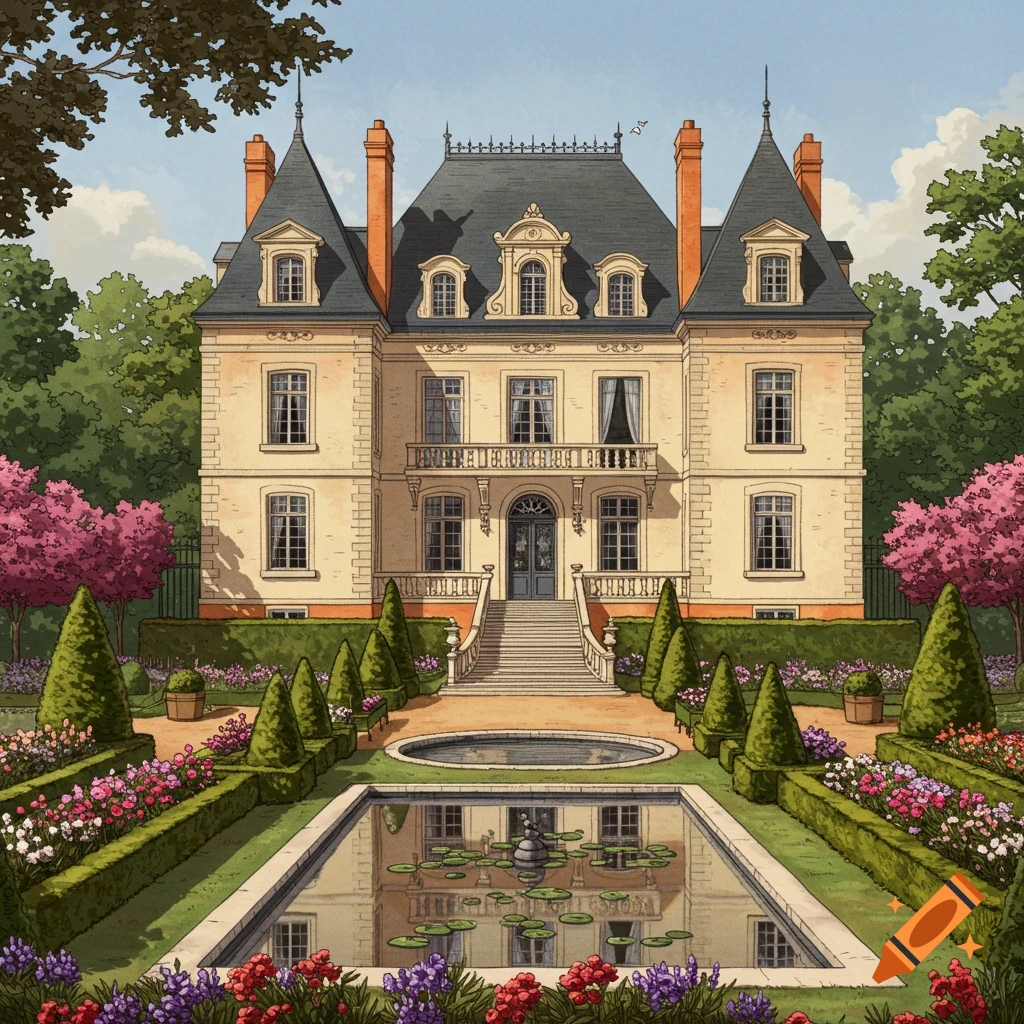 A digital illustration of a grand French chateau mansion with manicured gardens and a reflective pond.