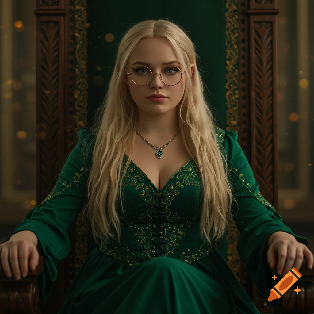 Blonde woman with glasses in green dress sitting on ornate throne