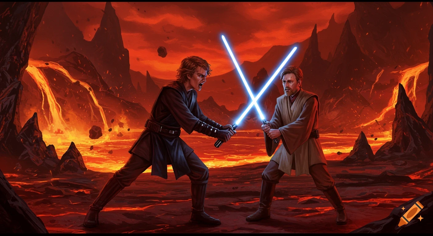 Anakin Skywalker and Obi-Wan Kenobi fighting with lightsabers in a volcanic landscape.