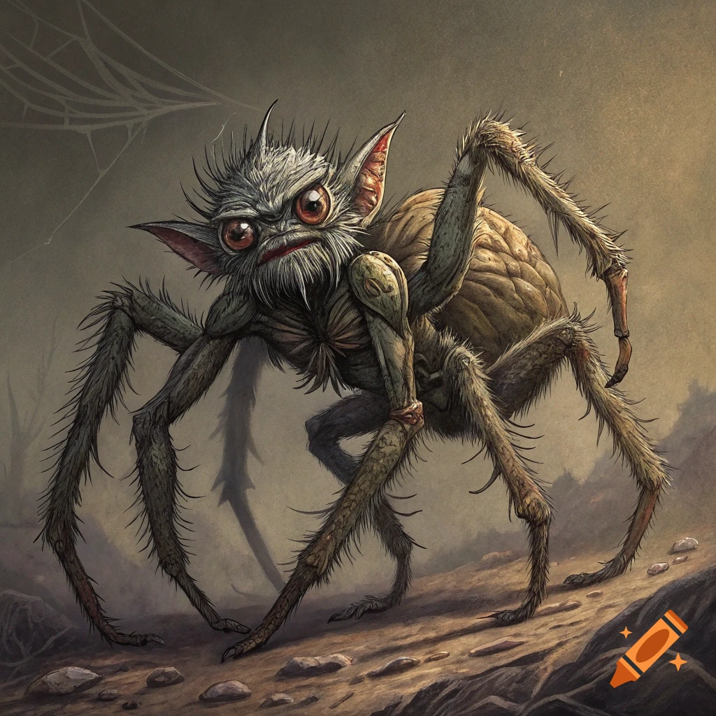 A grotesque goblin-spider hybrid monster standing on rocky ground, drawn in a detailed, illustrative style.