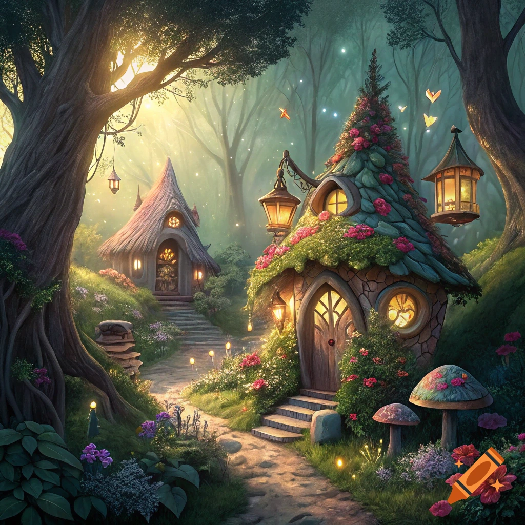 A magical forest scene with glowing paths leading to whimsical fairy houses, surrounded by large mushrooms and fireflies.