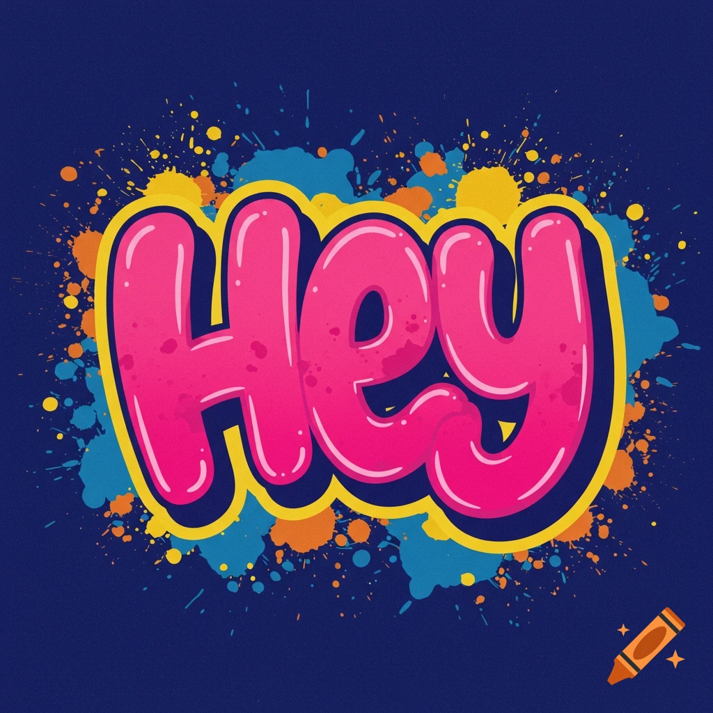 The word 'Hey' in pink bubble letters with a yellow outline and colorful paint splatters on a dark blue background.