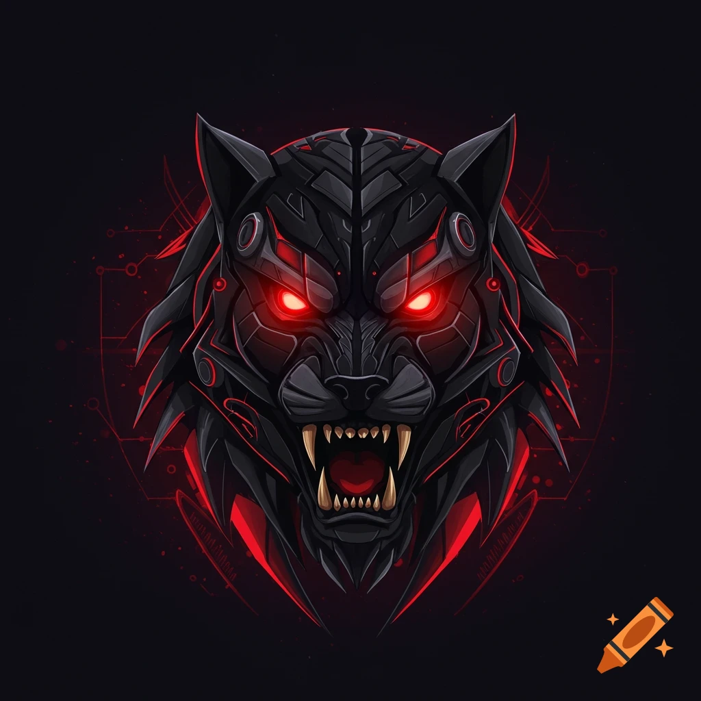 Stylized black wolf or panther head with red glowing eyes and futuristic tribal details on a dark background.