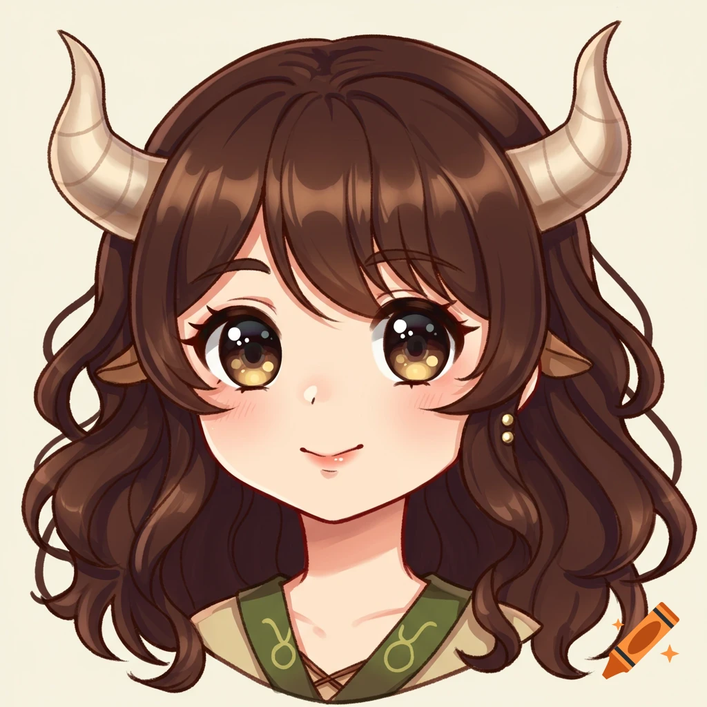 Anime girl character with brown hair, horns, and ears, representing Taurus.