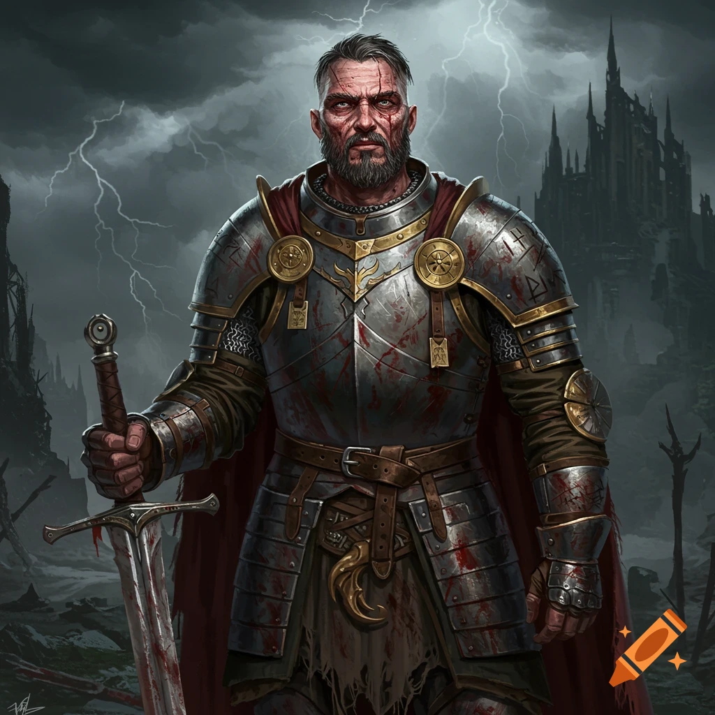 A scarred knight in bloodied armor holding a sword in a stormy landscape with a castle.