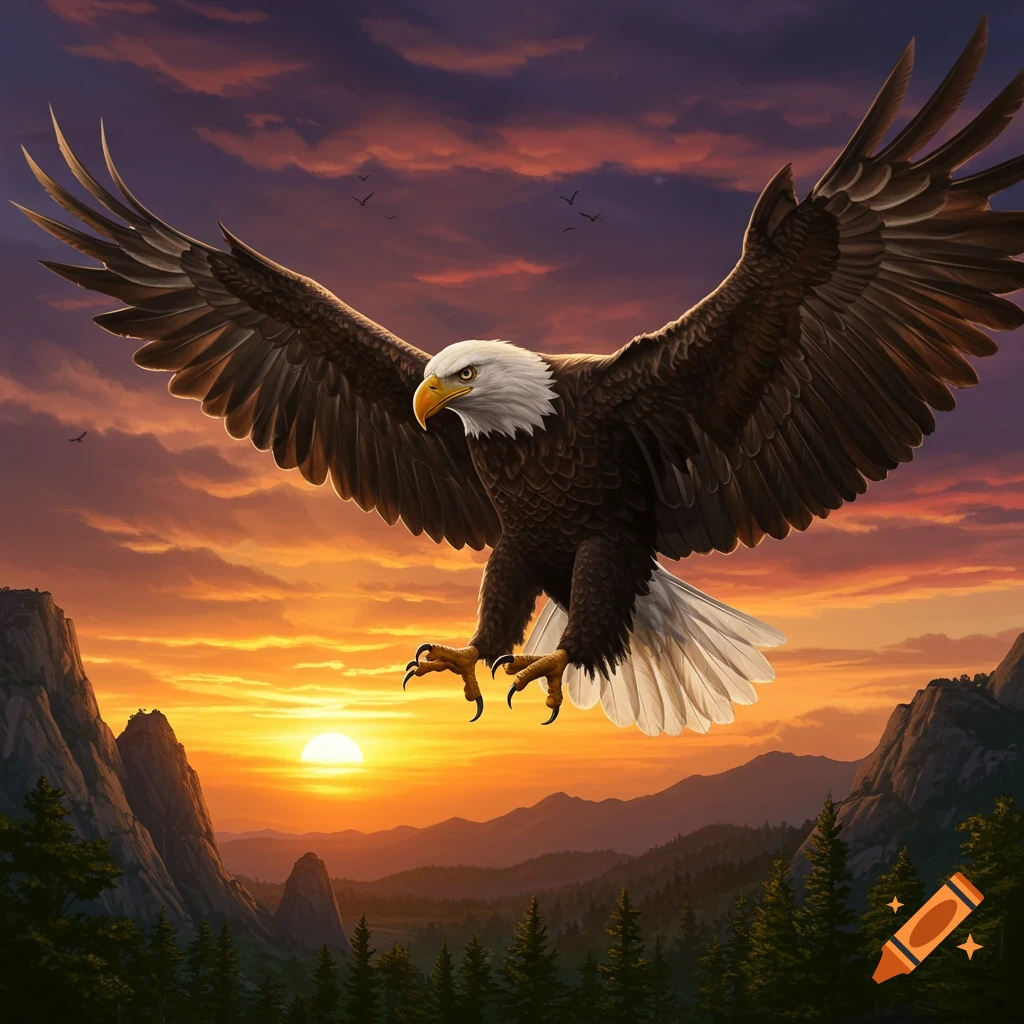 Bald eagle flying over mountains at sunset.