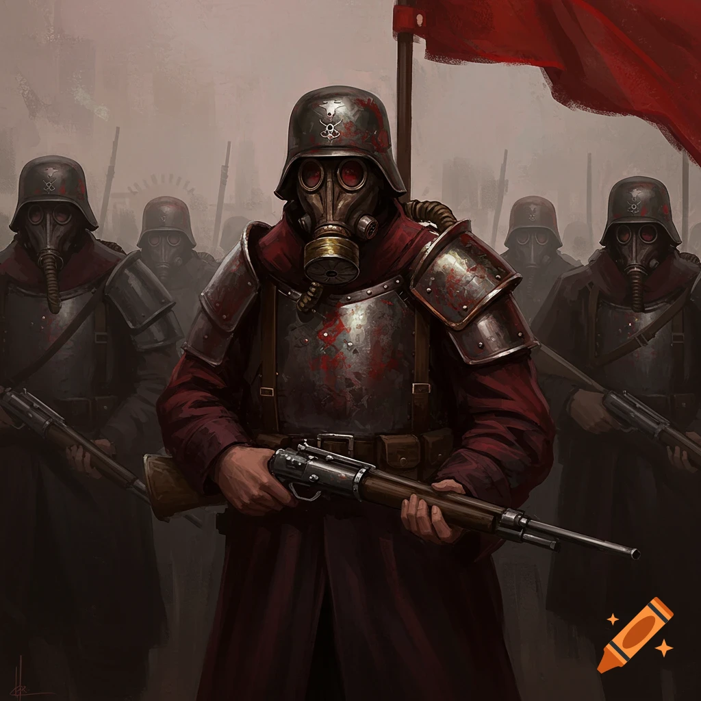Soldiers in gas masks and armor, holding rifles, under a red flag.