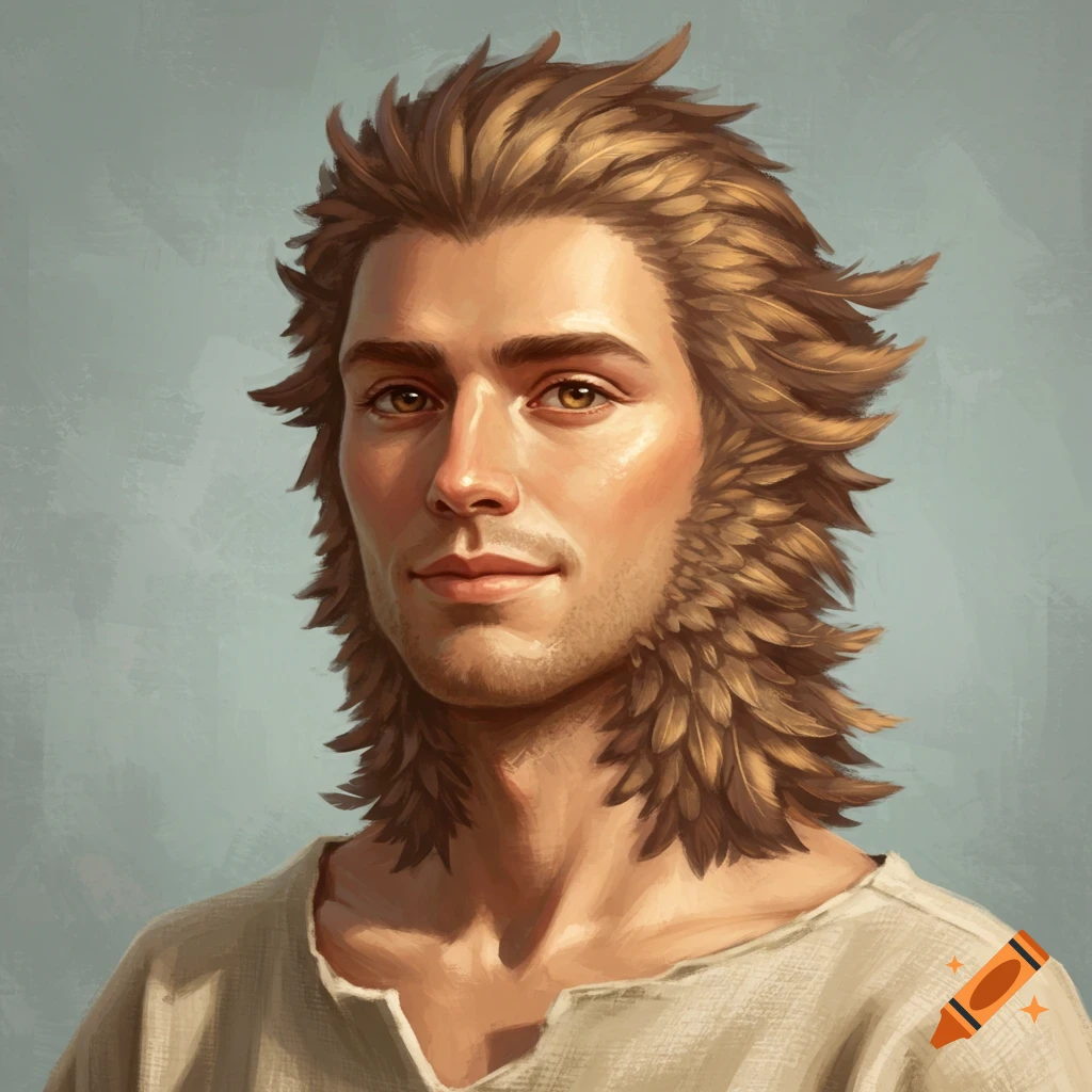 Light-skinned man with brown feathers instead of hair.