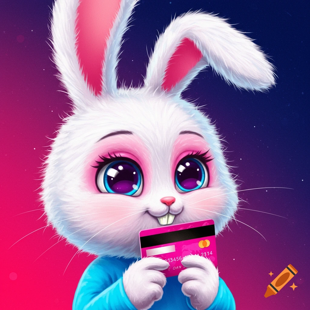 Cute cartoon bunny holding a pink credit card.