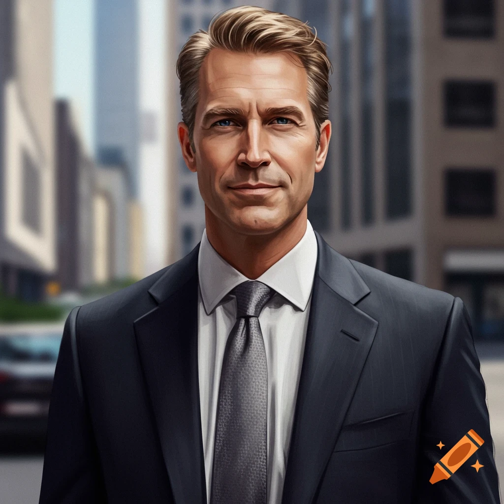A businessman in a suit stands in a city.