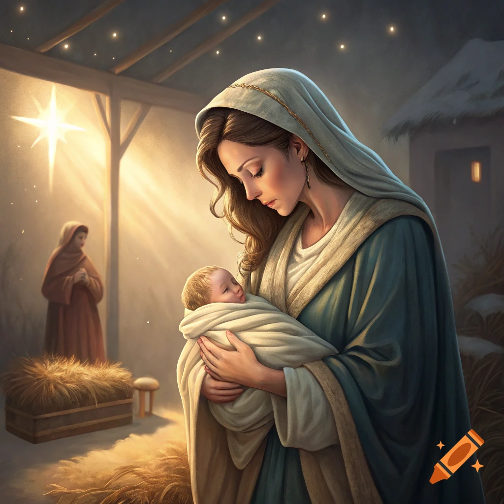 Mary holds baby Jesus in a stable with a star.