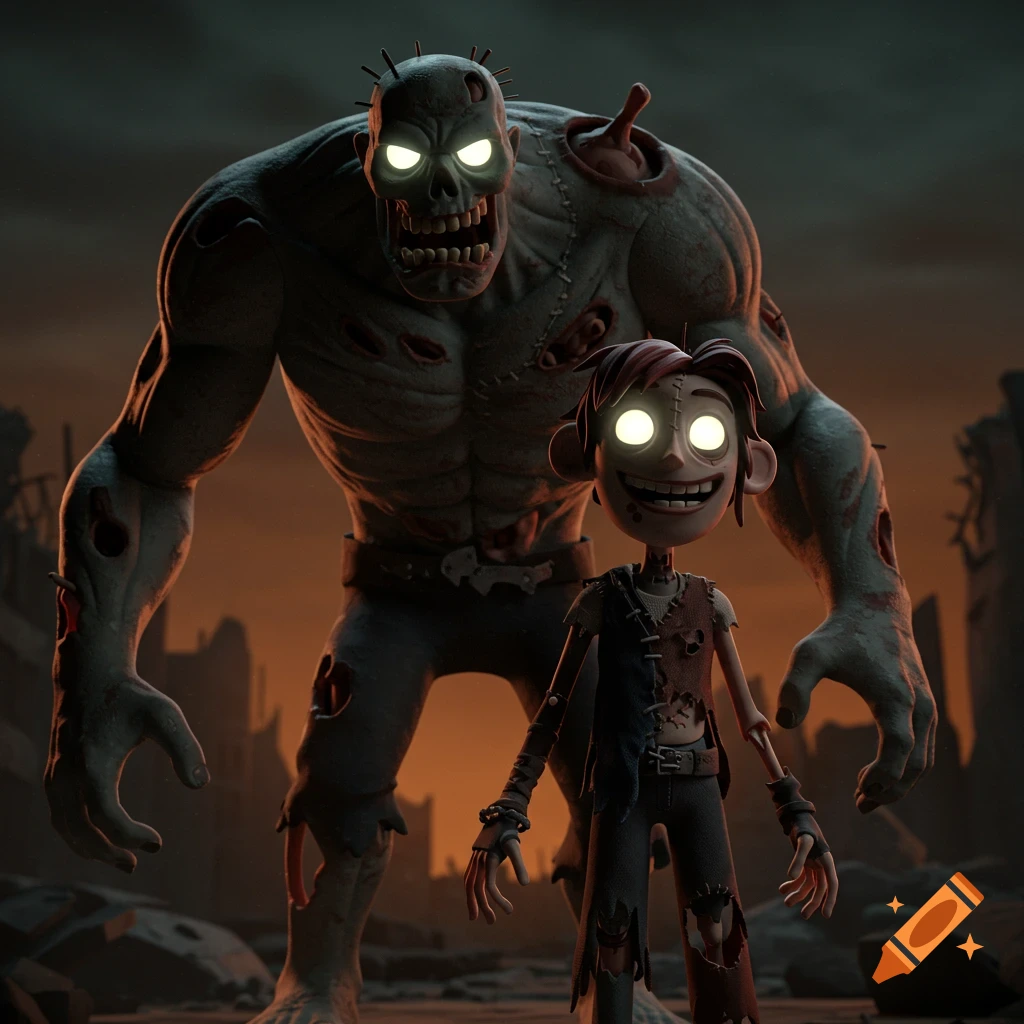 A large cartoon zombie stands behind a smaller, half-zombie character in a ruined city, with glowing eyes and torn clothes, in a stop-motion style.