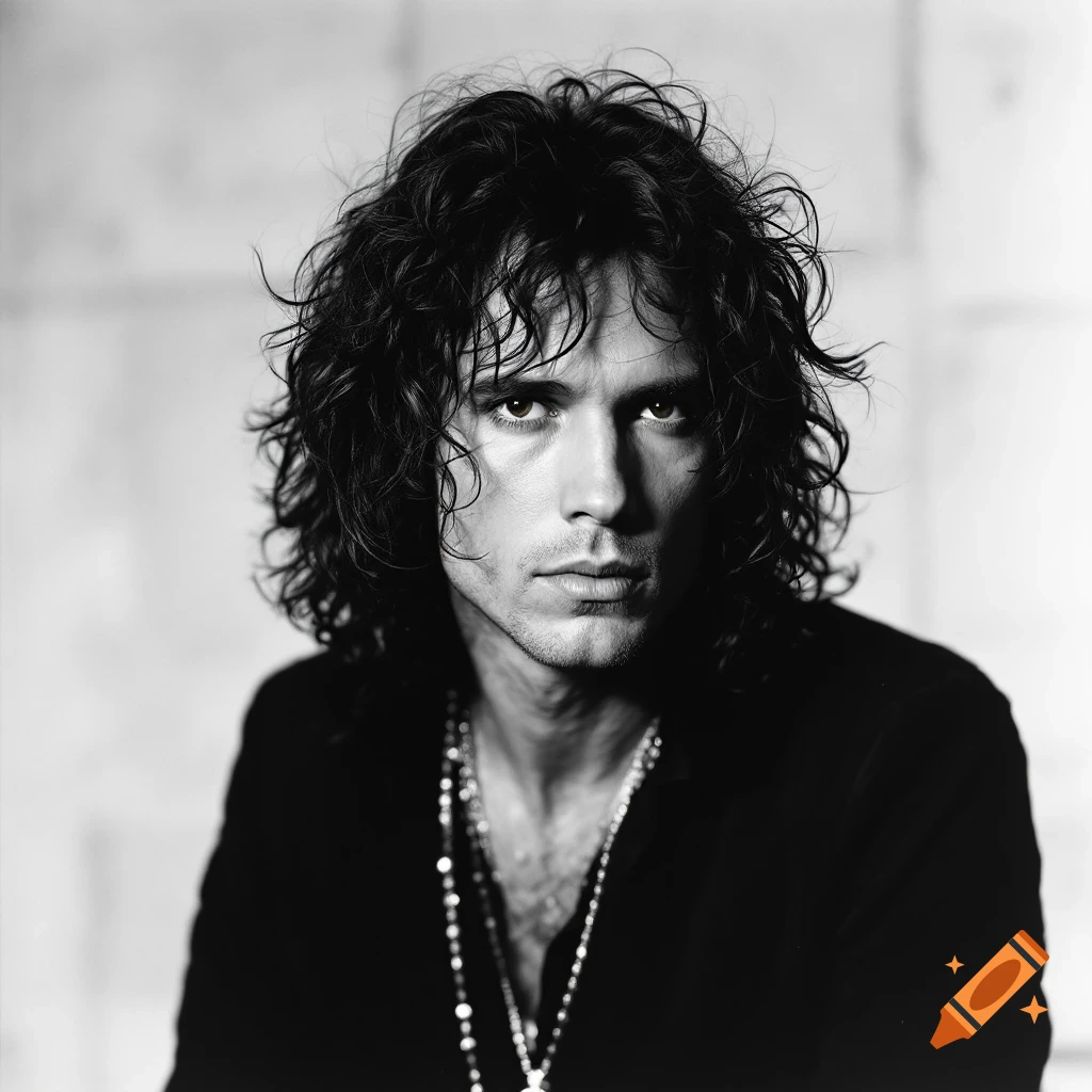A black and white portrait of a man with long curly hair, looking intently at the camera. He wears a dark shirt and a long necklace.