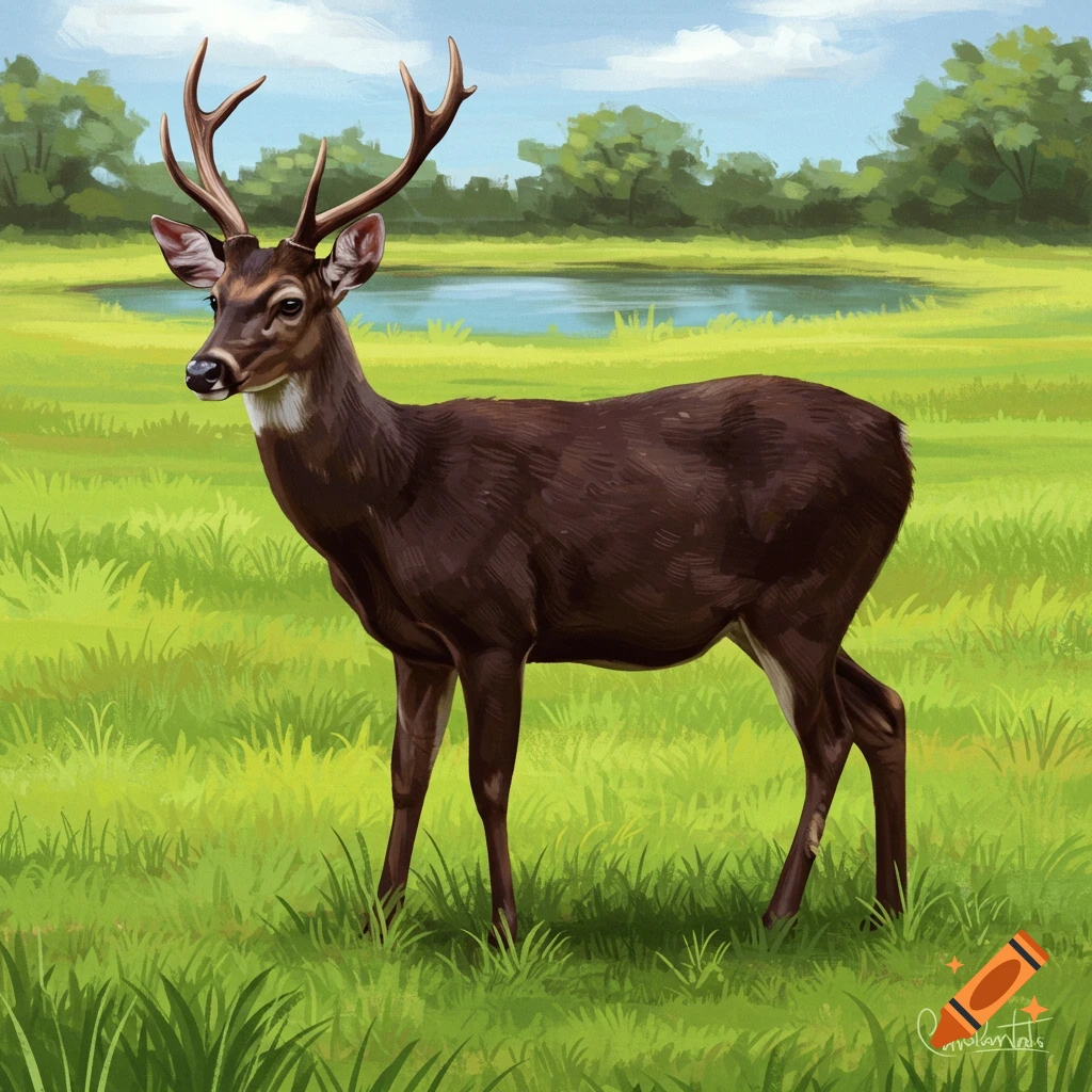 A deer with antlers stands in a grassy field by a pond.