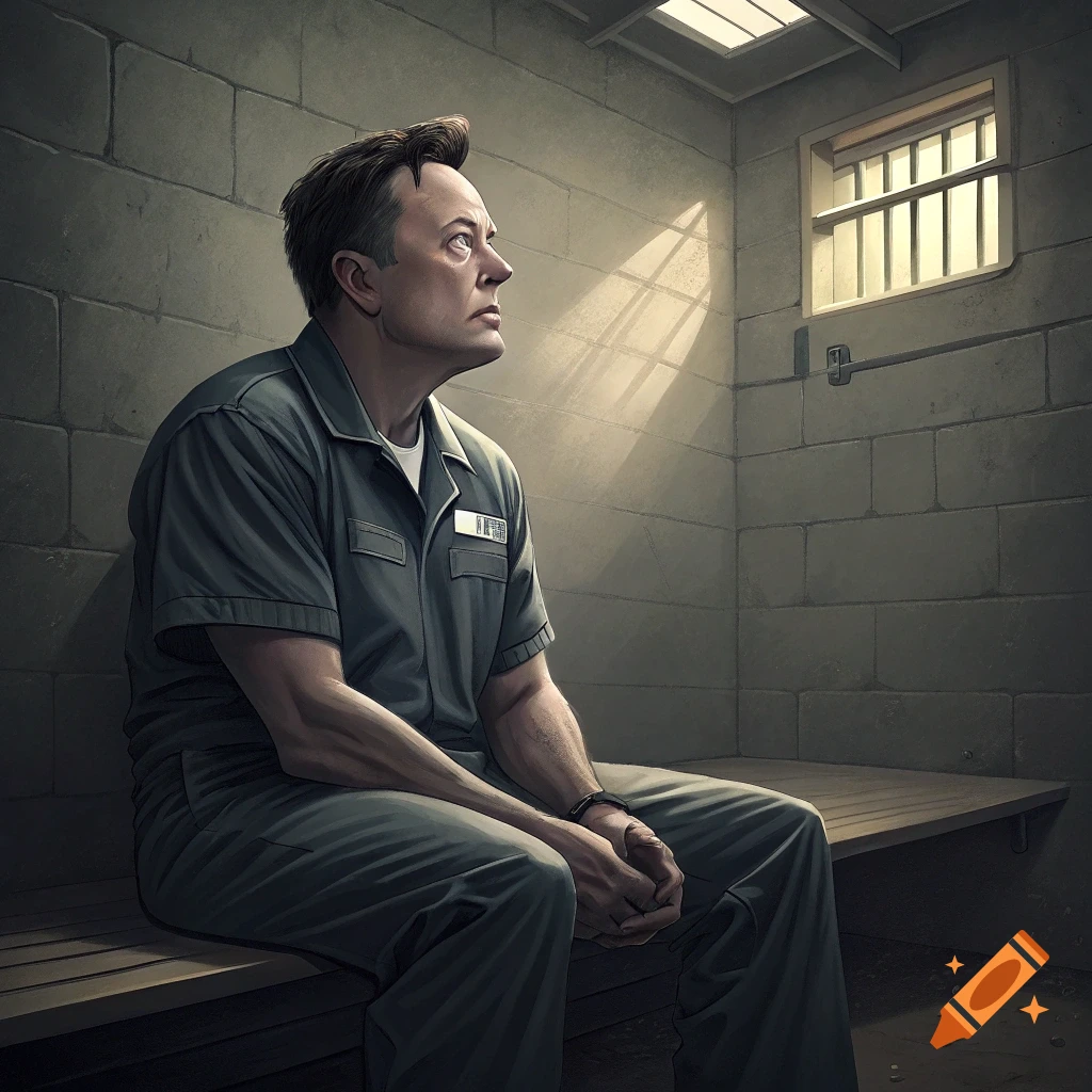 A man resembling Elon Musk sits on a bench in a dimly lit prison cell, looking towards a barred window with sunlight streaming in.