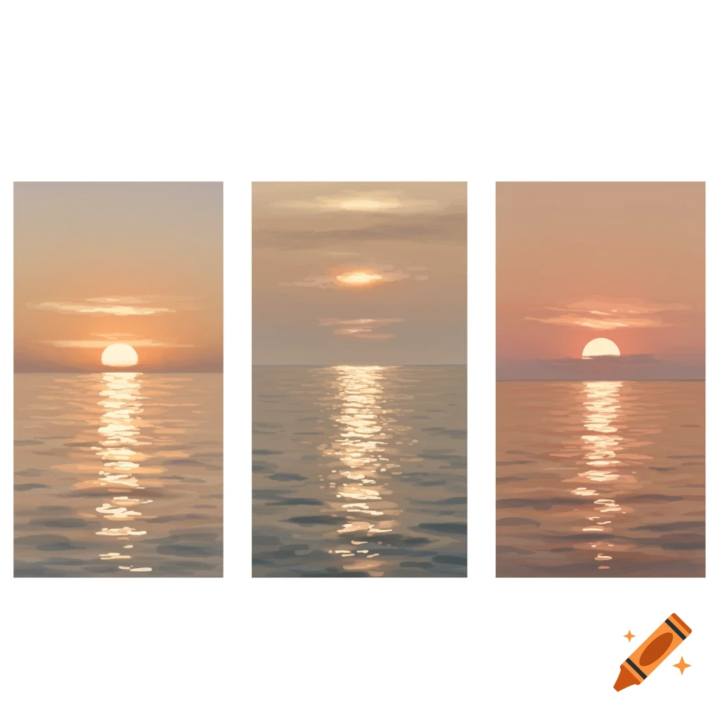 Three panels showing ocean sunsets or sunrises with sun reflections on the water.