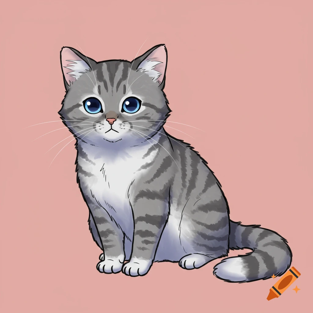 An anime illustration of a cute gray tabby cat with blue eyes.