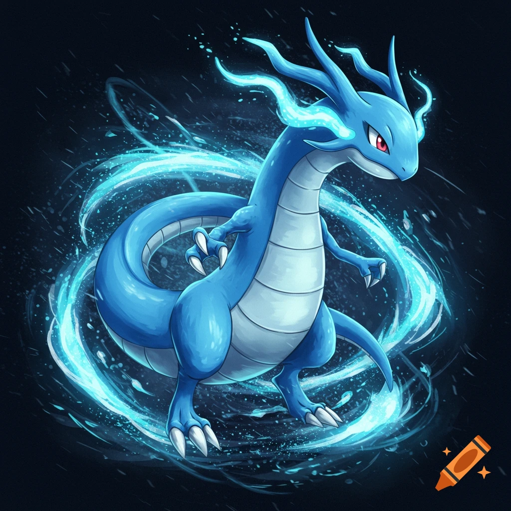 Illustration of a blue dragon surrounded by glowing blue energy waves against a dark background.