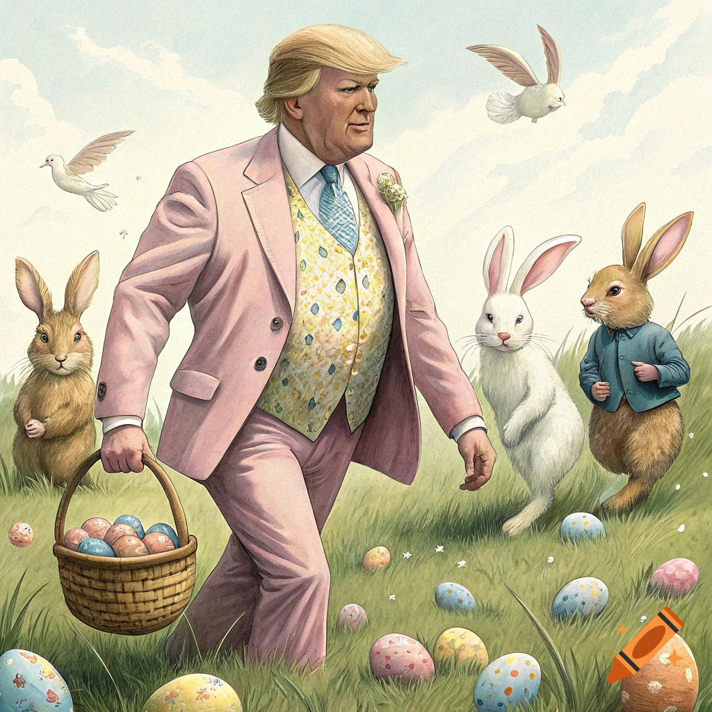 Illustration of a man resembling Donald Trump in a pink suit holding an Easter basket, walking through a grassy field with bunnies and Easter eggs.