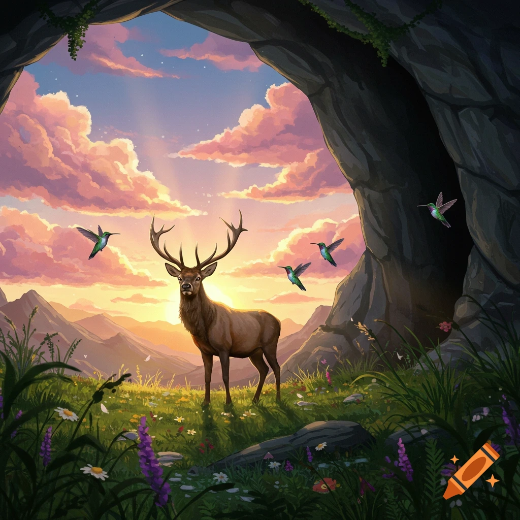 A deer and hummingbirds in a meadow outside a cave at sunset with mountains.
