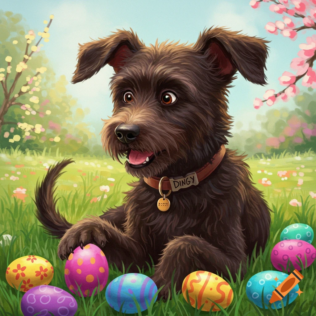 A brown shaggy dog sits in grass with colorful Easter eggs around him in a spring garden.
