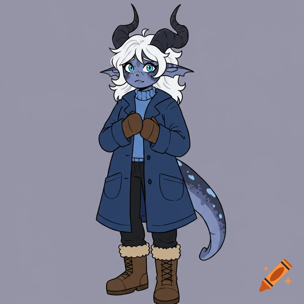 A shy fantasy creature with blue skin, horns, and a tail, wearing a blue coat, sweater, pants, and boots.