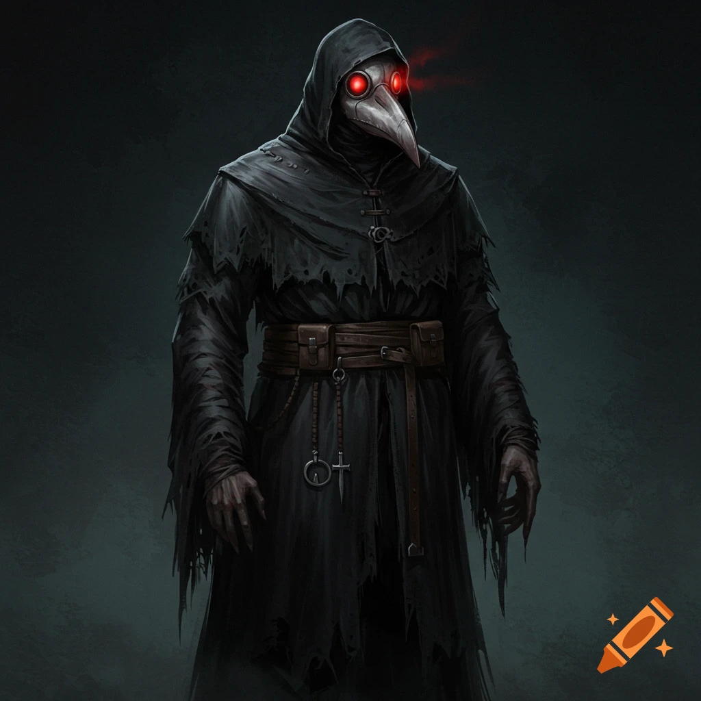A plague doctor figure in ragged black robes and beak mask with glowing red eyes.