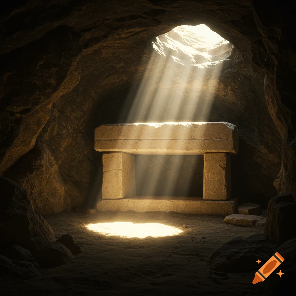An empty stone tomb in a cave with light rays shining from above