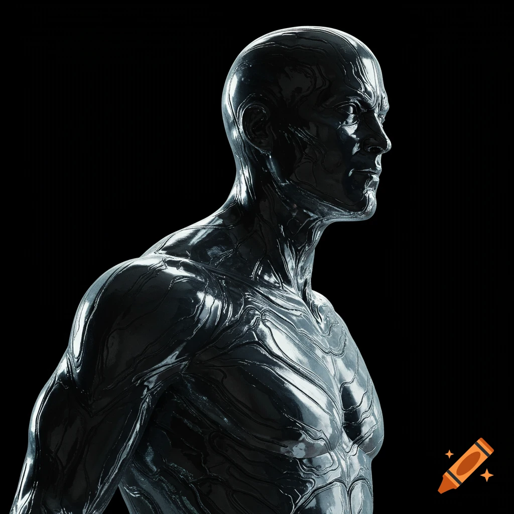 A muscular chrome figure with swirling patterns against a black background.