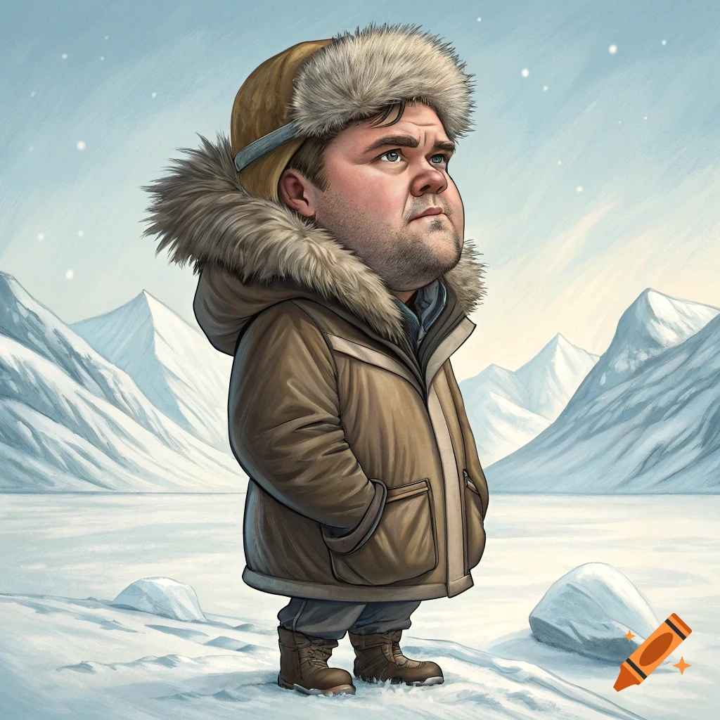 A cartoonish caricature of a person wearing a winter coat and fur-lined hat, standing in a snowy arctic landscape with mountains.