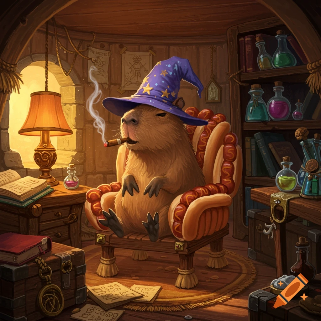 A wizard capybara smoking a cigar while sitting in a chair made of hot dogs in a wizard's tower.