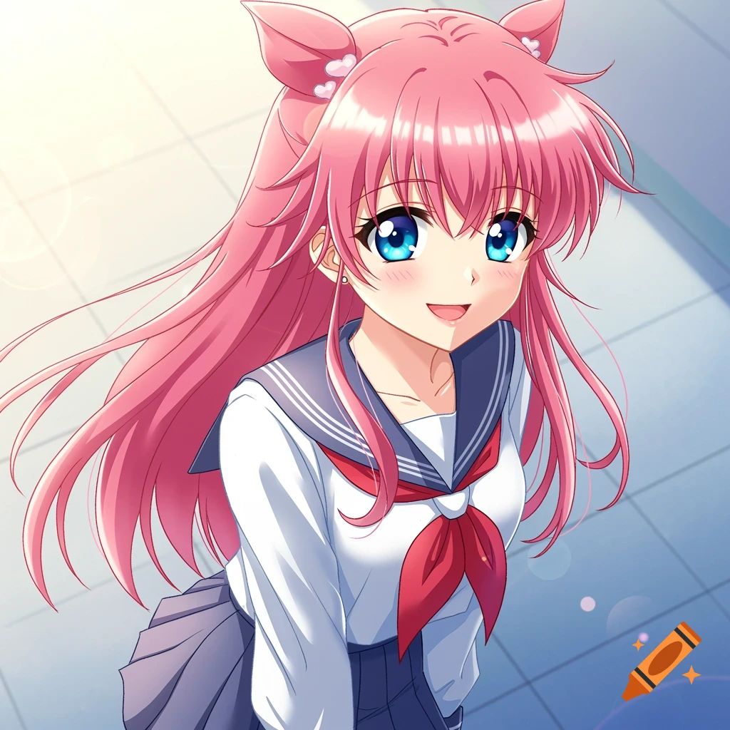 Anime girl with pink hair and blue eyes in a sailor uniform.