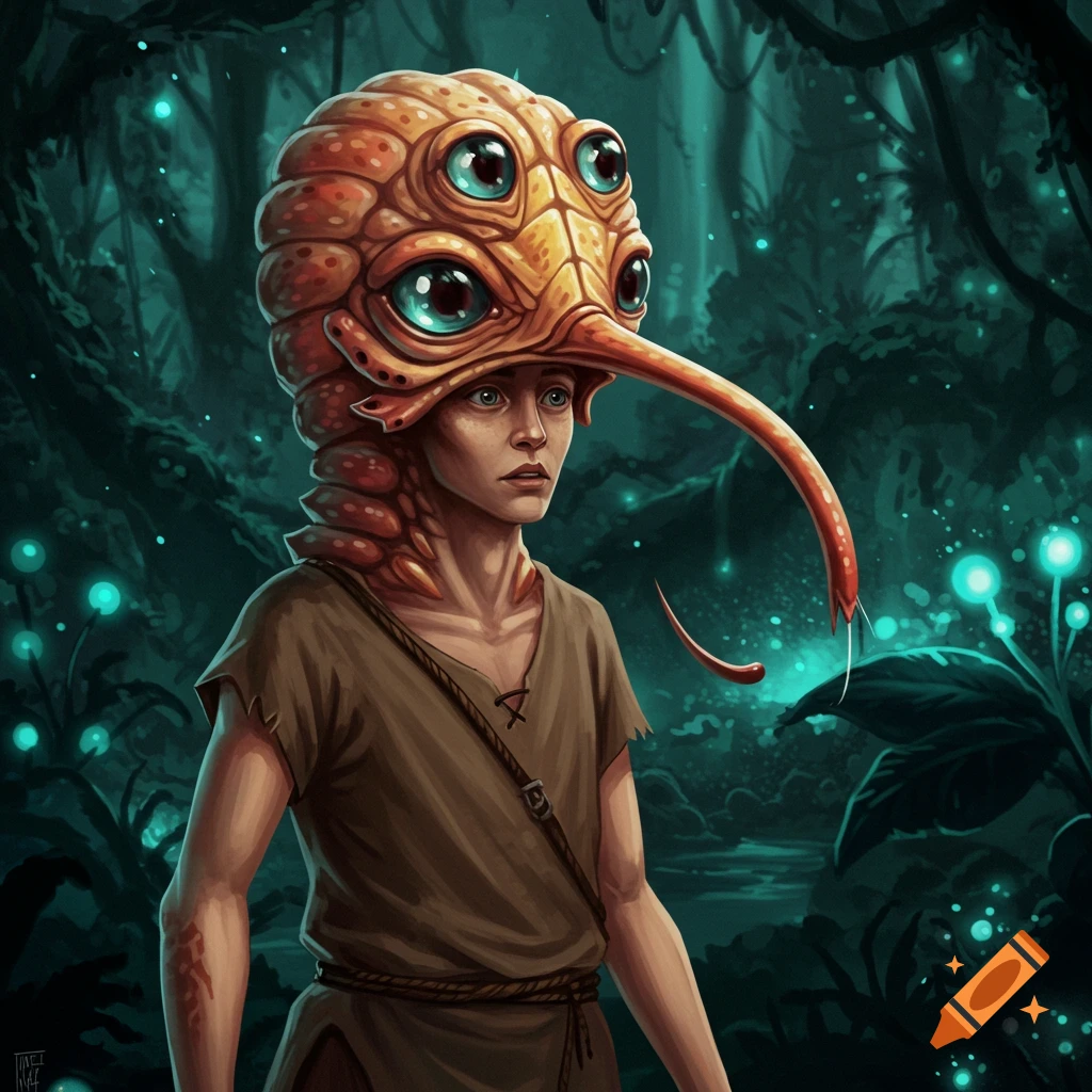 Image of a human with a multi-eyed opabinia head and proboscis standing in a dark forest with glowing plants.