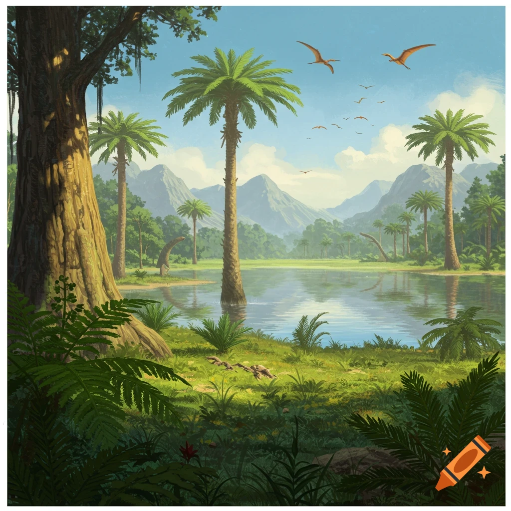 A prehistoric landscape with a lake, palm trees, mountains, dinosaurs, and flying pterodactyls.