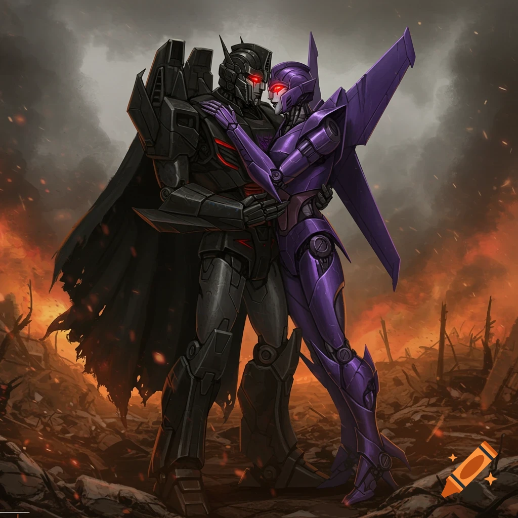 A black transformer with a cape embraces a purple transformer with jet wings in a war-torn landscape.