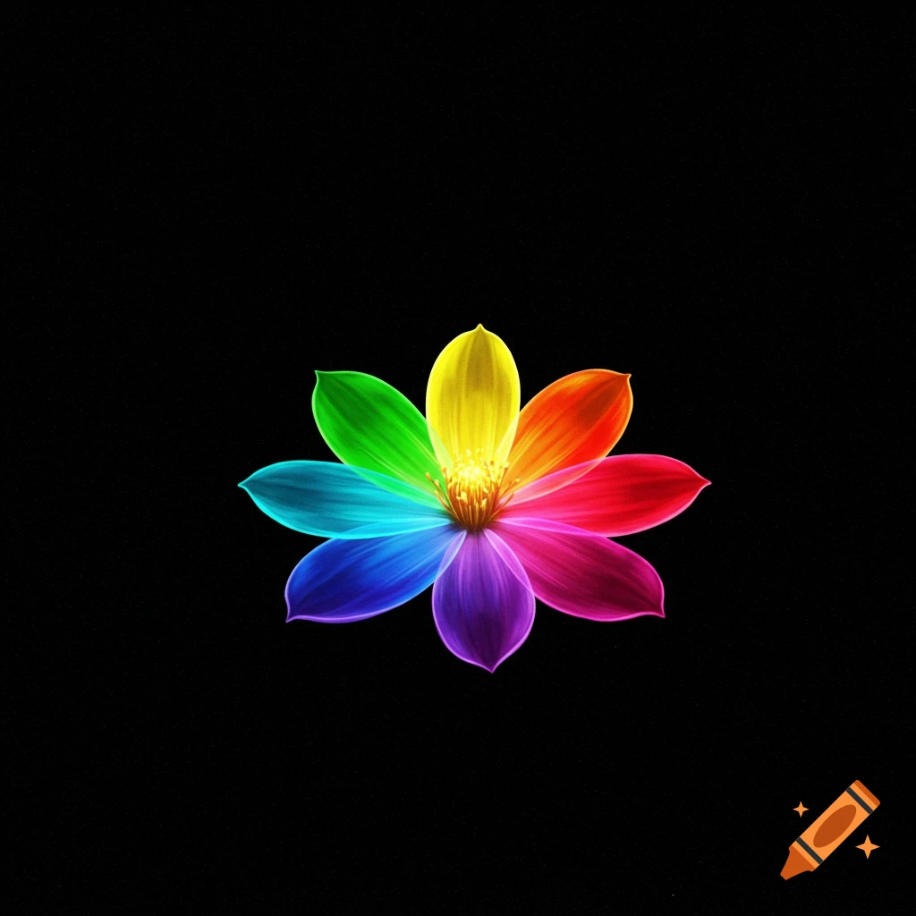 A rainbow-colored flower with translucent petals on a black background.
