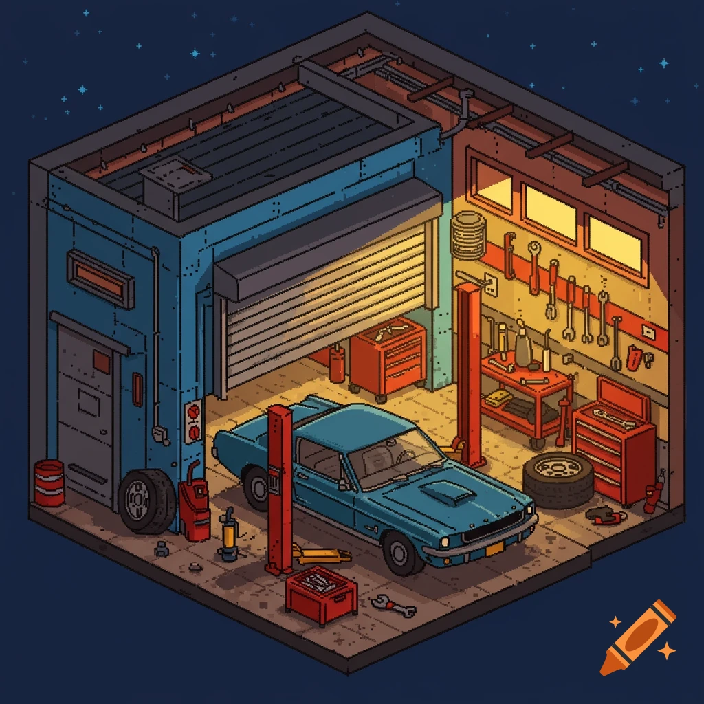 Isometric pixel art of a car garage interior with a blue car on a lift, tools on walls and tables.