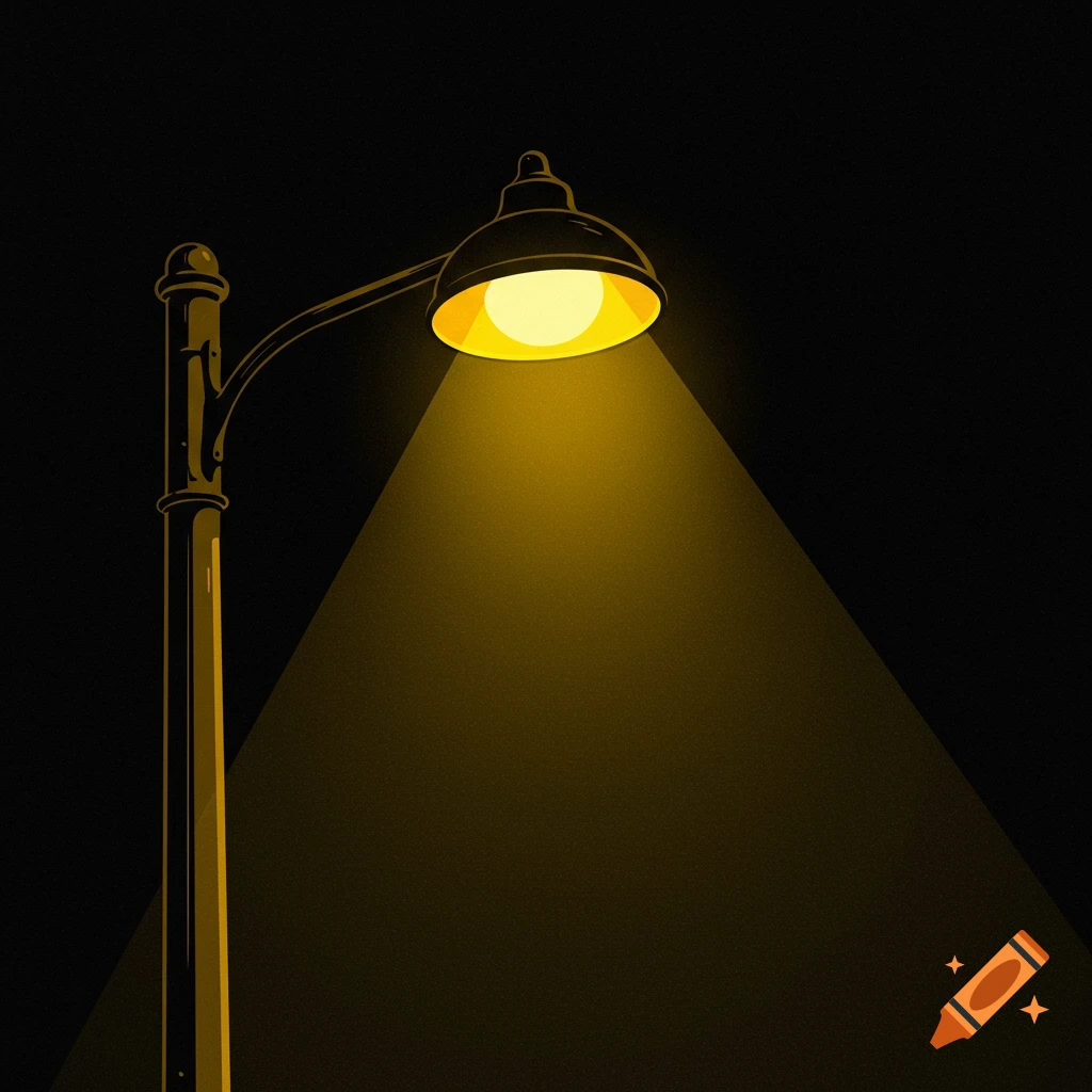 2D illustration of a street light shining yellow light on a black background