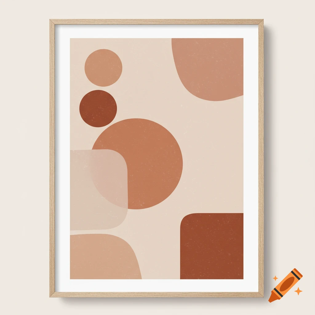 Abstract art with geometric shapes in earth tones, framed.
