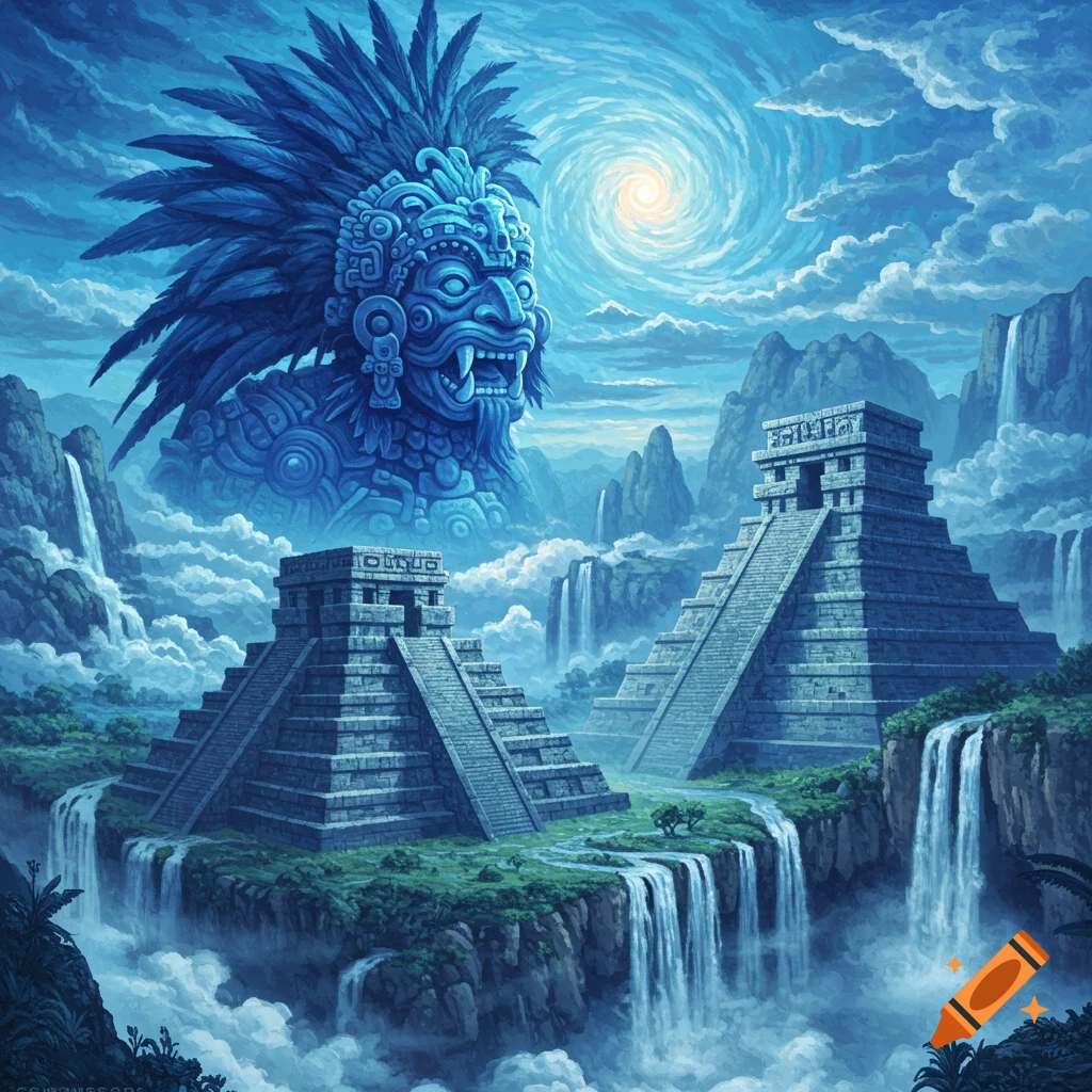 Ancient pyramids and waterfalls with a large blue deity mask looming in a fantasy sky.