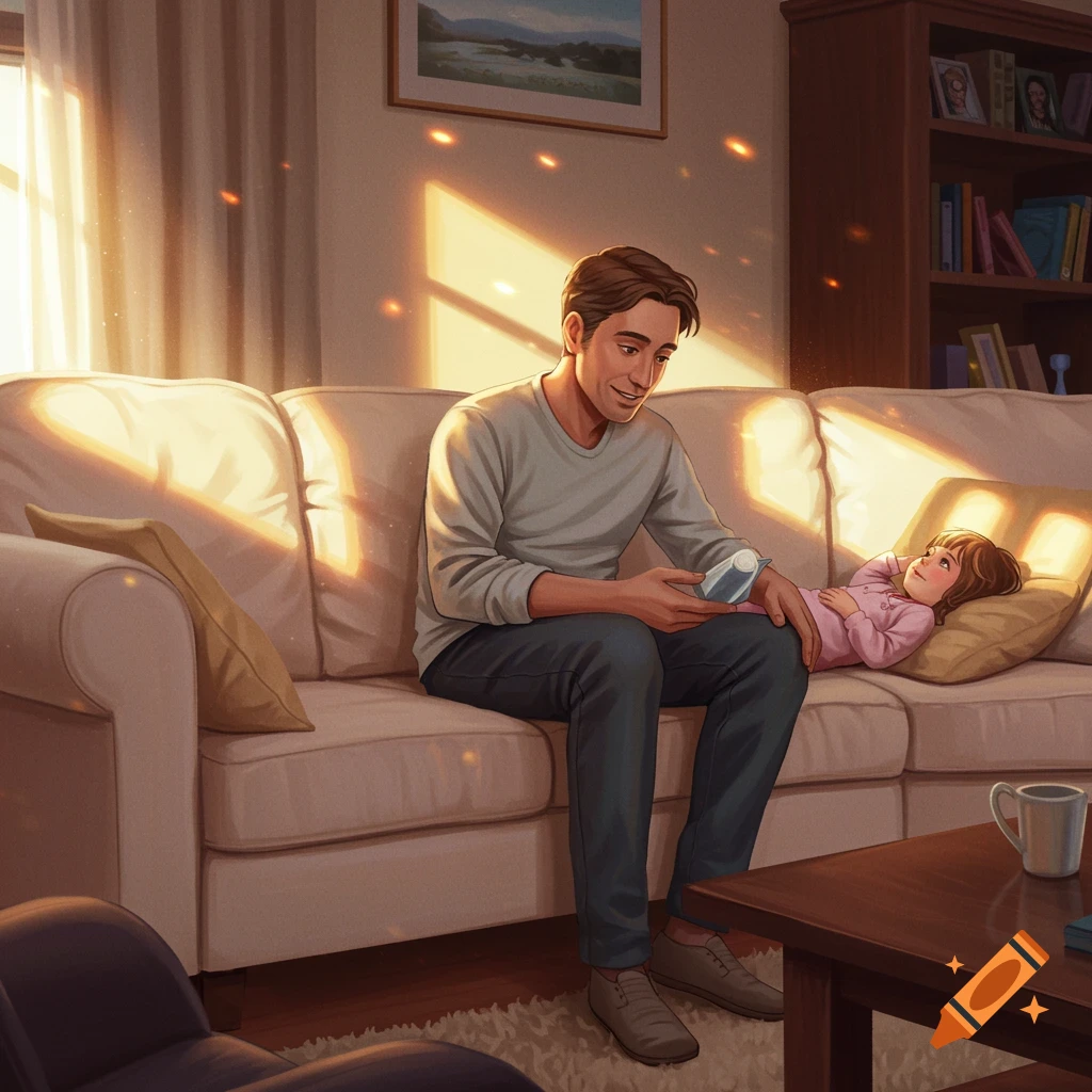 A father and daughter are on a couch in a living room with warm sunlight.