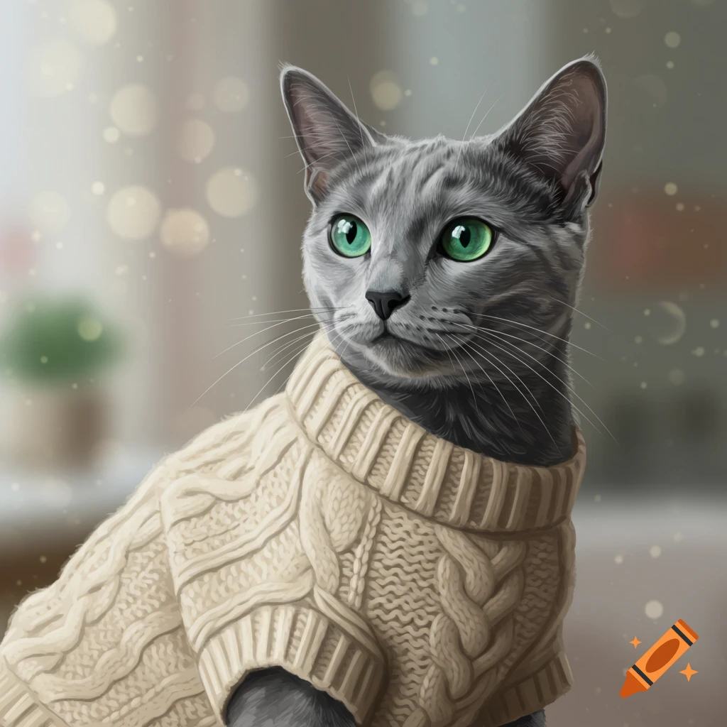 A Russian blue cat is wearing a cream cable-knit sweater.