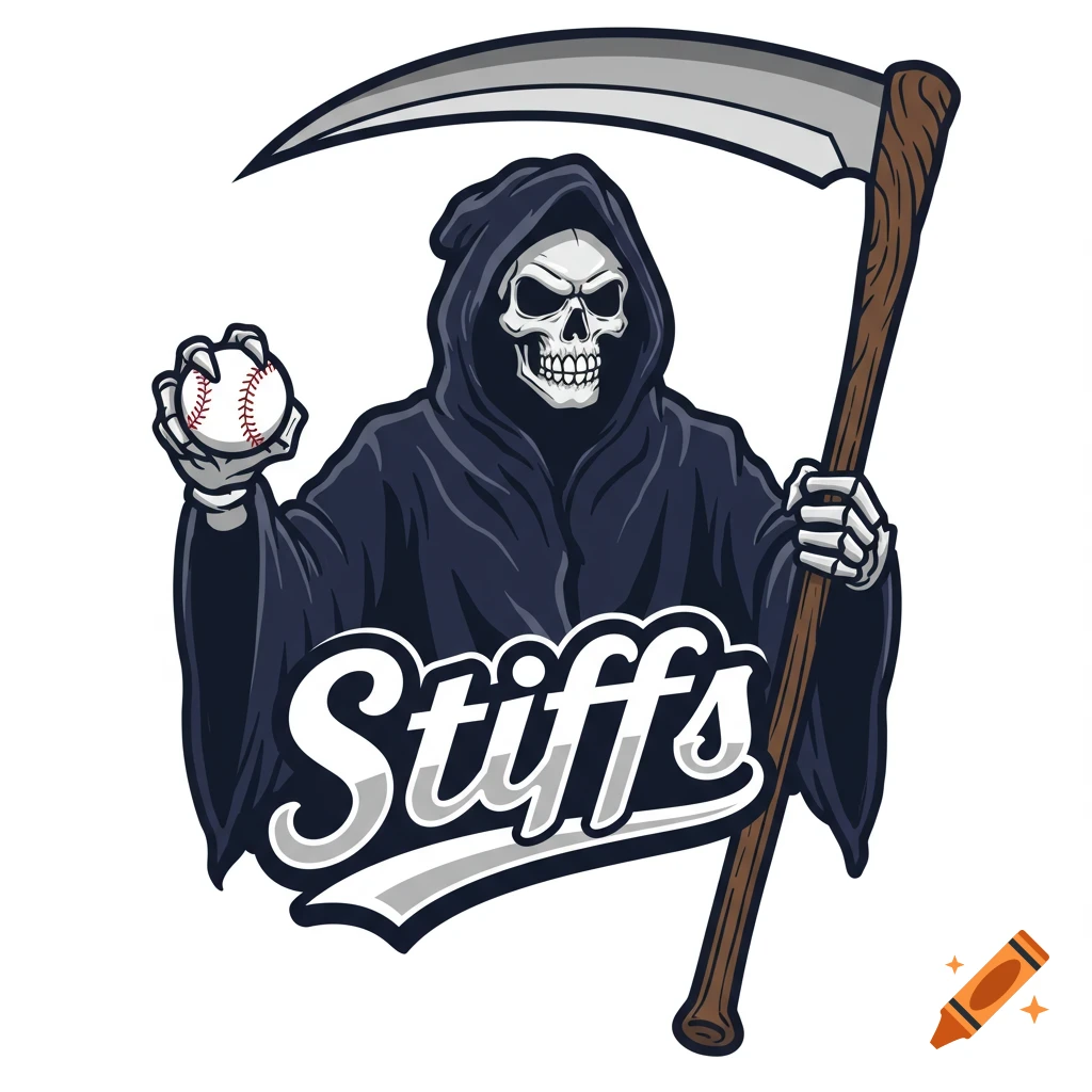 Stylized grim reaper holding a baseball and scythe with "Stiffs" text below, logo