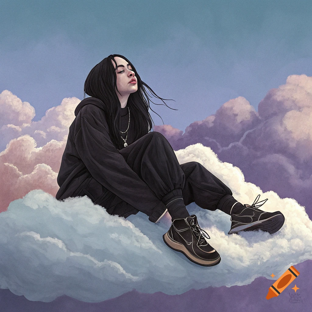 Illustration of a person sitting on a cloud in a fantasy setting.