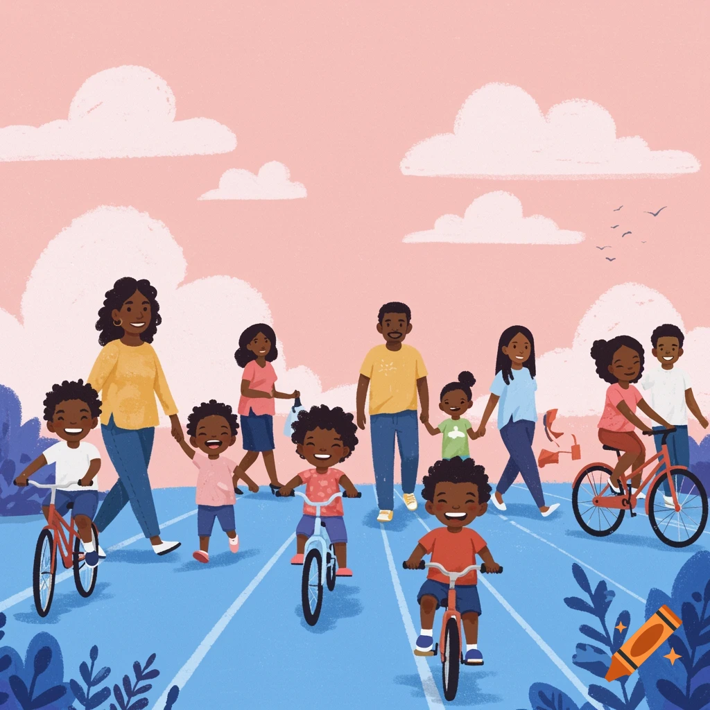 Families and children biking and walking outdoors.