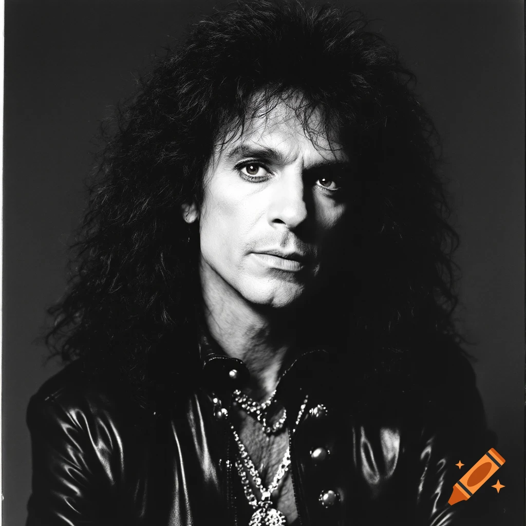 Black and white portrait of a man with long dark hair wearing a leather jacket and necklaces.