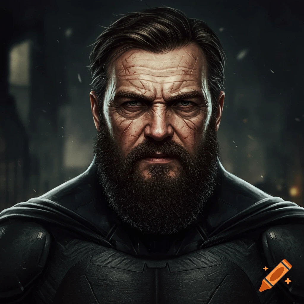 Close-up of a bearded man resembling Batman in a dark suit