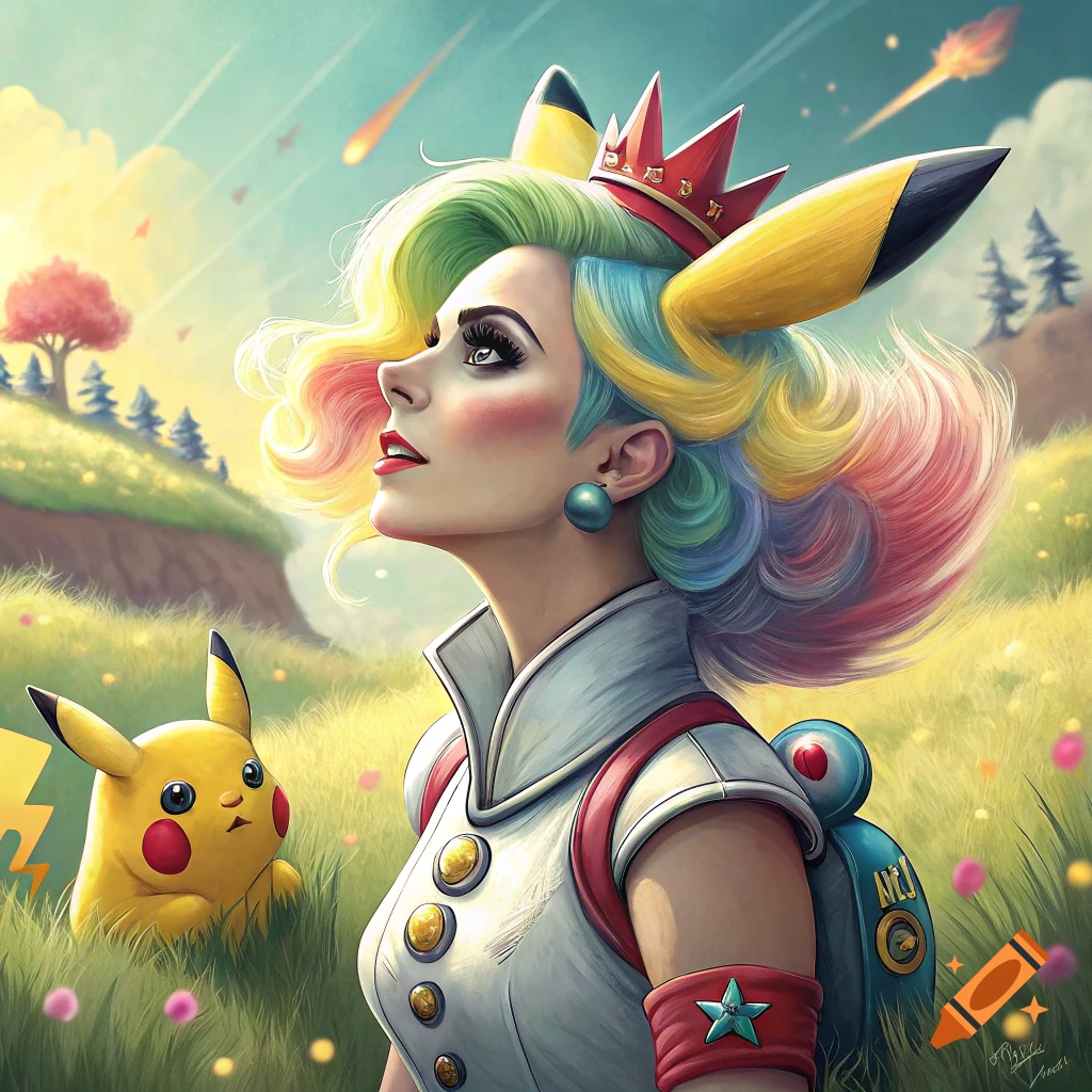 Illustration of a woman with rainbow hair and Pikachu ears and crown, looking up in a field with a Pikachu.